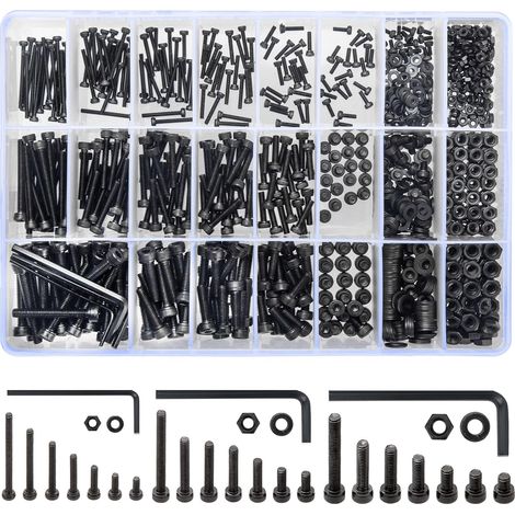 1260 STK M2 M3 M4 Schrauben Set, Zylinderschrauben mit Innensechskant Schrauben Set, Sechskantschrauben und Muttern und Unterlegscheiben Sortiment Set, Schwarz Maschinenschrauben Gewindeschrauben Set (1/5)