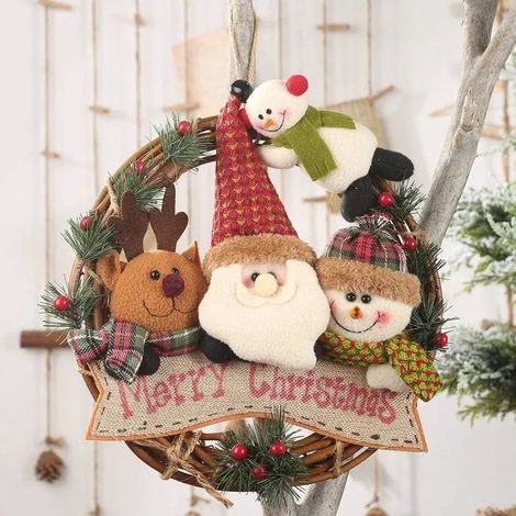 Couronne de Noël en rotin de 30 cm avec décoration de porte et anneau à suspendre avec joli bonhomme de neige et renne (1/5)