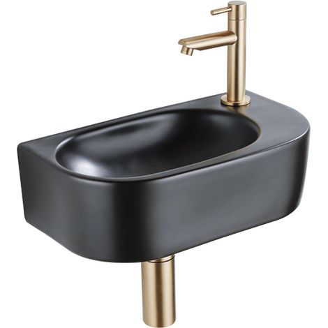 QeramiQ Fuente Ensemble lave-mains - 40x21.5x12cm - droite - lisse - semi-circulaire - 1 trou de robinet - céramique - robinet de lave-mains laiton