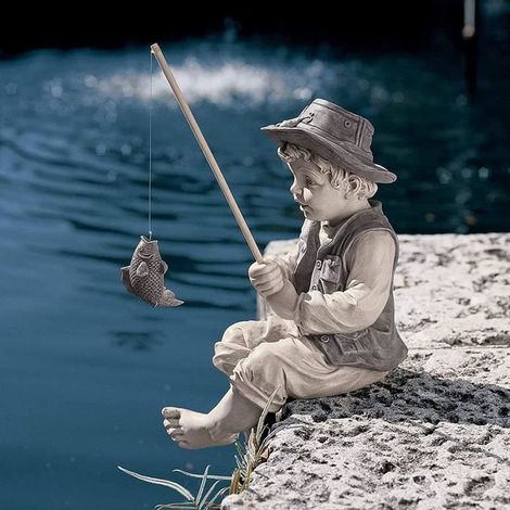 1 pièce Statue de jardin Gone Fishing Boy, finition effet pierre, figurine pêcheur extérieur, ornement décoratif pour jardin, terrasse ou bassin