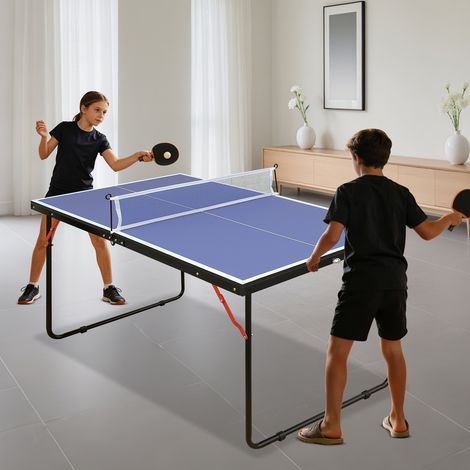Tischtennisplatte 85x76.5x10 cm, klappbar, vormontiert, mit Netz und Schlägern, MDF, Blau (1/5)