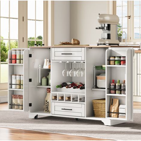 Mobile da cucina su ruote con piano di lavoro ribaltabile, 138 x 70 x 92 cm, bianco DESVIAE (1/5)