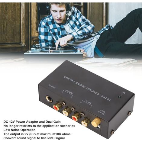 Préampli phono PP400 – Mini amplificateur RCA stéréo – Faible bruit – Adaptateur 12V – Sortie 2V pour équipements audio modernes