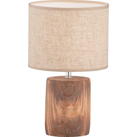 Fischer & Honsel Lampada da tavolo Malik, lampada in calcestruzzo effetto legno con paralume in tessuto e interruttore a corda, cemento in legno e lino, altezza 35 cm (1/5)