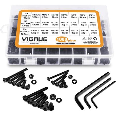 1080 Pièces M2 M3 M4 Boulons À Vis En Acier Au Carbone Écrous Et Rondelles Kit D'assortiment De Avec Boîte De Rangement Plat (1080 Pièces)