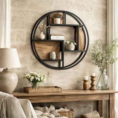Etagère murale ronde bois clair métal noir RIVANO (1/5)