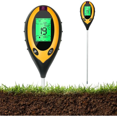 Misuratore di pH compatibile con il terreno, test del suolo 4 in 1: misura pH, umidità, temperatura e luce. Ideale per giardinaggio, prati, aziende agricole, orti e piante da esterno.