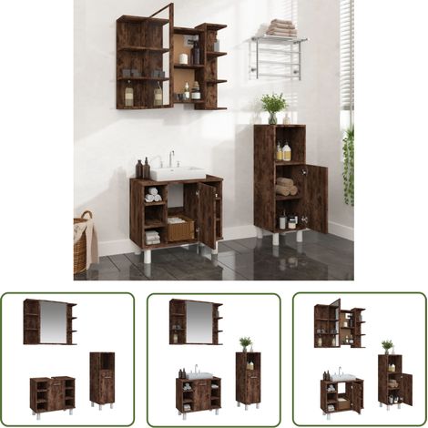 The Living Store 3-tlg. Badmöbel-Set Räuchereiche Holzwerkstoff - Badmöbel Set - Badezimmer Möbel - Waschtisch Schrank - Spiegelschrank - Standregal (1/5)