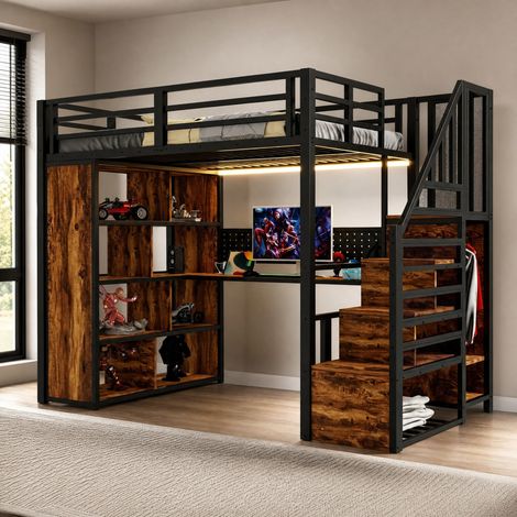 Lit mezzanine 90 x 200 cm en métal avec bureau, armoire, rangements, escalier et LED, noir OKWISH (1/5)