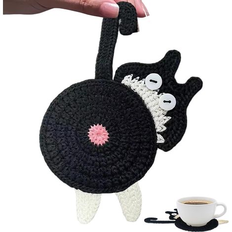 Dessous de verre crochetés en forme de vache et de chat, mignons et chaleureux, parfaits pour la maison ou le bureau. Tapis de protection spécial pour la table. Joli cadeau, lot de 2. (1/3)
