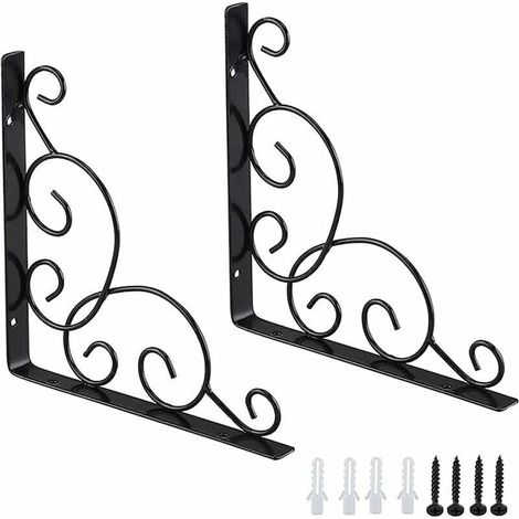 Wrought Iron Shelf Brackets, 2 Pieces Garden Shelf Brackets, Iron Wall Shelf Brackets, Shelf Supports for Kitchen, Bathroom, Office, Restaurant (Black) (1/5)