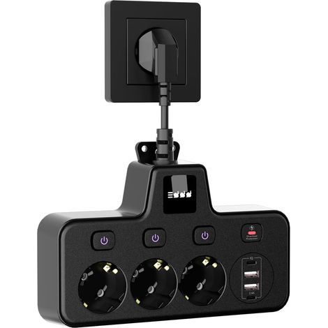 Steckdosenleiste mit 3 Steckdosen, 2 USB-A-Anschlüssen und 2 USB-C-Anschlüssen zum Schnellladen, Touch-Nachtlicht (3 Helligkeitsstufen), Einzelschalter, ideal für Büro, Zuhause und Reisen, schwarz. (1/5)