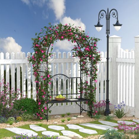 Arche de jardin en métal Outsunny avec banc intégré, support pour plantes grimpantes, treillis, support pour rosiers, 115 x 59 x 203 cm, noir