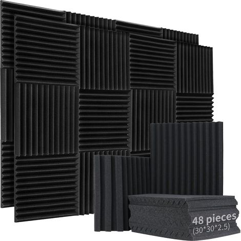 48 Stück Akustikschaum, 30 x 30 x 2,5 cm, schwarze Akustikplatten mit hoher Dichte, flammhemmender Schaumstoff zur Geräuschreduzierung für Musikstudios, Aufnahmestudios, Heimkino-Räume, schalldämmend (1/5)