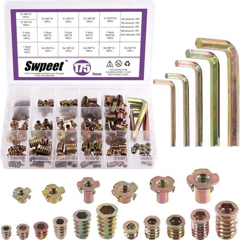 Lot de 175 écrous filetés métriques M4 M5 M6 M8 M10 en acier au carbone plaqué zinc et écrous en T à 4 griffes avec assortiment de clés pour meubles en bois (1/5)