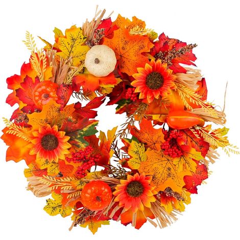 Couronne Artificielle - Citrouille Et Hortensia Avec Baies Et Feuilles D'érable - Décoration Porte D'entrée Intérieure Extérieure - 40 cm (1/5)