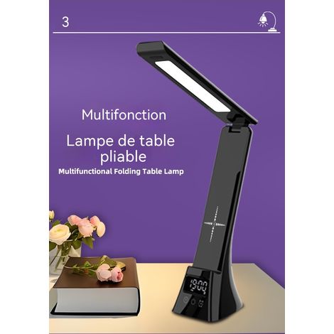 Lampe de bureau LED pliable multifonction, lampe anti‑fatigue pour étude et lecture avec chargeur sans fil 15 W, horloge et réveil (1/5)