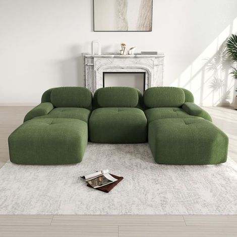 Canapé - Canapé en U modulable - Velours côtelé vert - Mousse HR 32D - Base antidérapante (1/5)