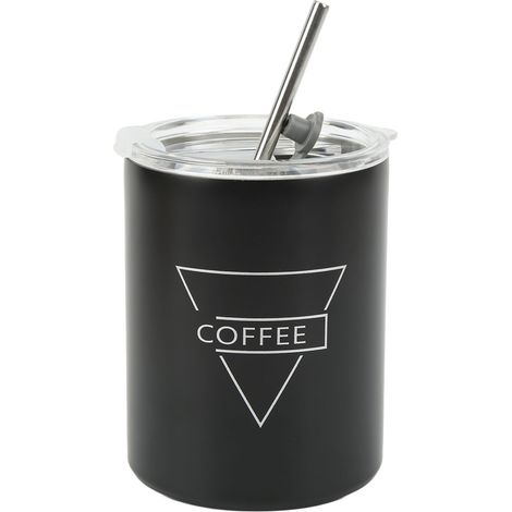 Tasse à café en acier inoxydable 12 oz 320 ml, gobelet isotherme portable avec couvercle et paille, noir (1/5)