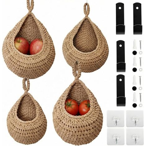 Lot de 4 Panier Suspendu, Jute Naturel, Crochets Inclus, Pour Cuisine, Salon, Jardin