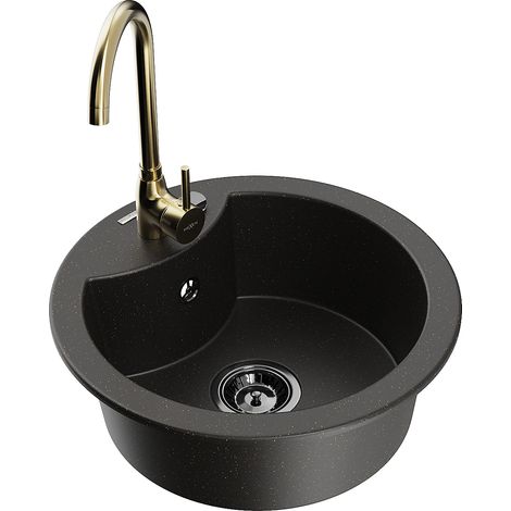 Mexen Diego Granitspüle 1-Becken mit Küchenarmatur Telma, schwarz/gold - 6512-75-670200-50-B (1/5)
