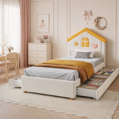 Kinderbett hausbett polsterbett 90x200 cm - Jugendbett mit 4 schubladen stauraum für kinderzimmer - Weicher samt stoff - Beige inklusive lattenrost (1/5)