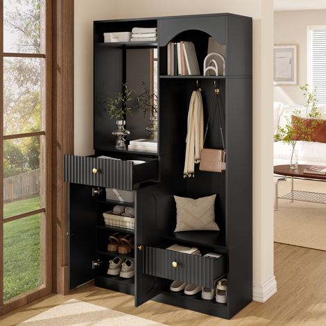 Garderoben Set mit Spiegel, Sitzbank, Schuhschrank, LED und 2 Stauraumschubladen, Flurmöbel für Eingangsbereich
