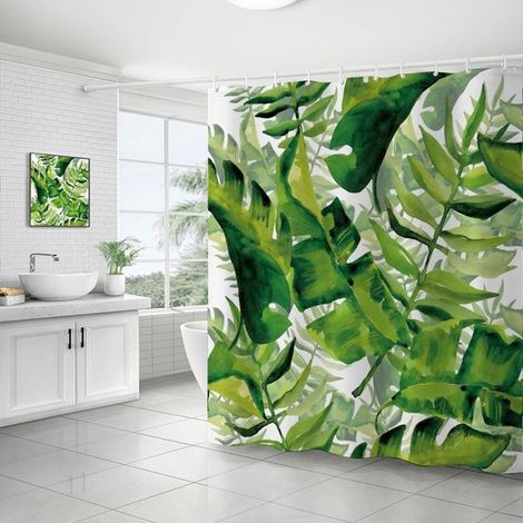 Cortina ducha estampado hojas palmera plátano verde, resistente moho, poliéster, ganchos plástico, 180x180cm, Lavable, Impermeable secado rápido (1/4)