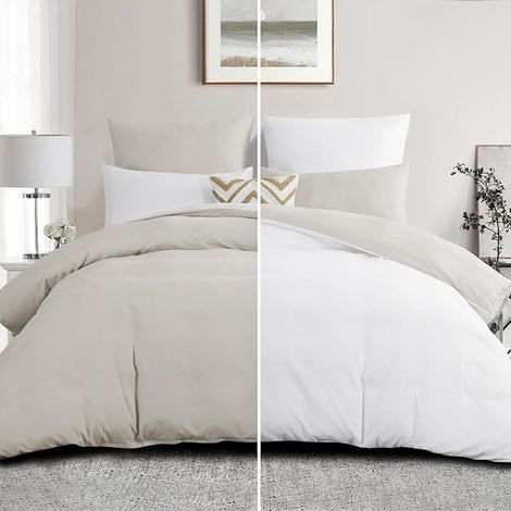 Housse de Couette 240x260 Réversible avec 2 Taies d'oreiller 65x65 cm (Beige/Blanc) - Parure de Lit 260 x 240 Adulte Personne Microfibre, Parure Couette Fermetures éclair (1/2)