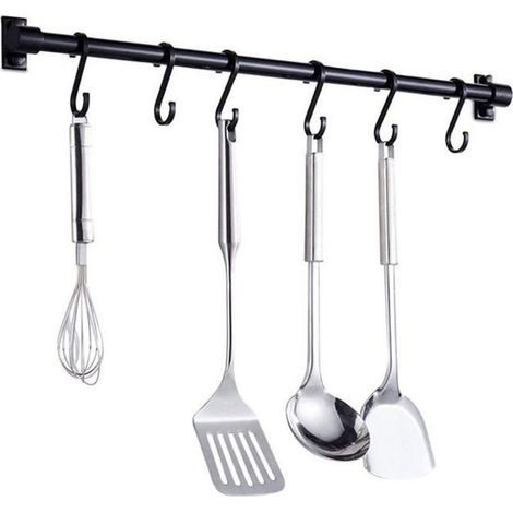 Barre d'ustensiles de cuisine murale, barre d'étagère de cuisine de 40 cm avec 6 crochets détachables, étagère de porte d'étagère murale (noir) (1/4)