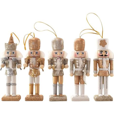 Set di 5 ornamenti natalizi Schiaccianoci, Soldato Schiaccianoci in legno da 13 cm, Soldato in legno dipinto a mano, Regali di Natale, Ornamenti per burattini, Statuette Schiaccianoci