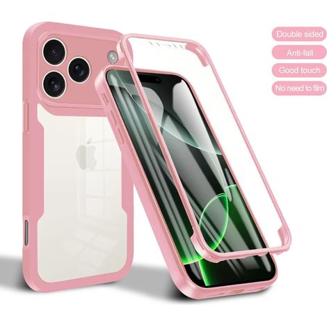 (Rose, iPhone 15 Pro Max) Étui de téléphone transparent ultra-fin et luxueux, protection intégrale de l'écran à 360° contre les chutes. (1/4)