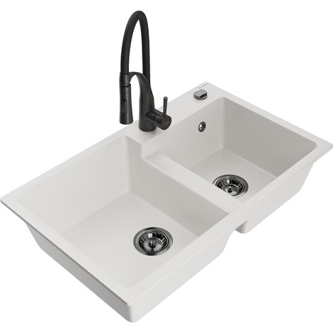 Mexen Tomas fregadero de granito de 2 compartimentos con grifo de cocina Aster, blanco - 6516-20-73450-70-B (1/5)