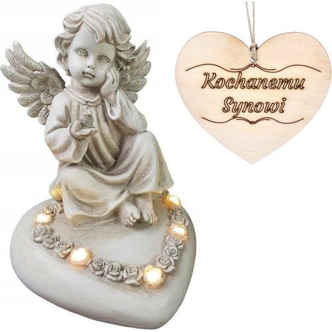 Ángel de vela sentado sobre un corazón, iluminado con LED, para la tumba de un hijo, 18 cm. (1/5)