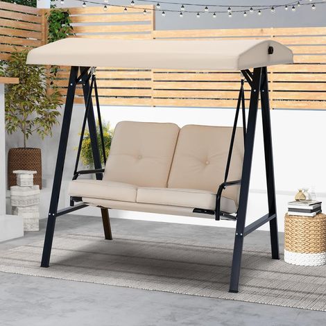 YODOLLA 2 Sitzer Garten SchaukelstuhlOutdoor Schaukelbank mit verstellbarem Vordach,Schaukelstuhl in Beige (1/5)