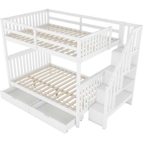 Cama litera 140 x 200 cm con escalera de almacenamiento y 2 cajones blanca (1/5)