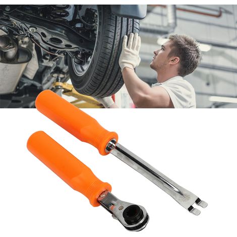 2-teiliges Set bestehend aus einem automatischen Spannungseinstellwerkzeug, einem Gabelauslösewerkzeug und einem Doppelratschenschlüssel zur Einstellung des Druckluftbremssystems. (1/5)