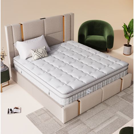 Matelas 140x200x25 cm blanc en polyester à ressorts ensachés 7 zones H3 respirant avec poignées (1/5)