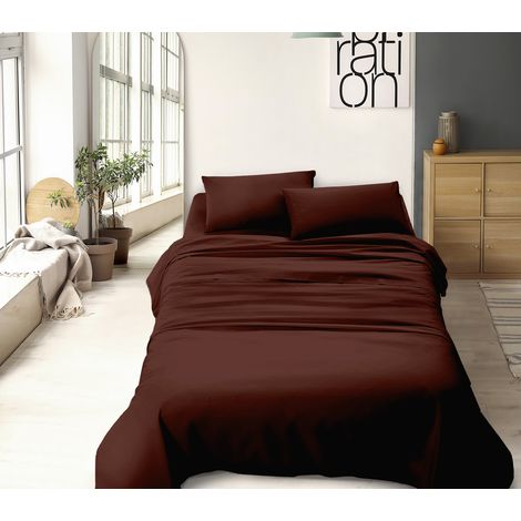 Completo letto misura alla francese a tinta unita prodotto italiano set lenzuola 100% cotone Marrone - Francese