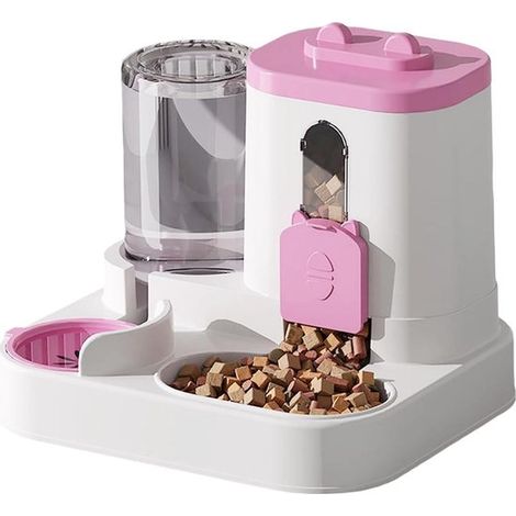 Longziming - Gamelle pour eau et nourriture - Modèle 2 en 1 - Système de remplissage automatique par gravité - Sans électricité - 1 pièce - Pour chiens et chats de petite et moyenne taille - Rose (1/5)