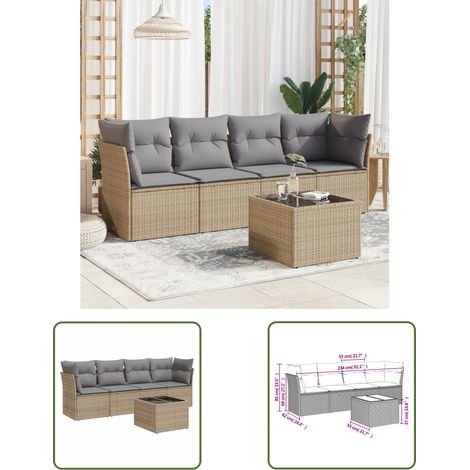 The Living Store Salon de jardin avec coussins 5 pcs beige résine tressée - Ensemble Salon De Jardin - Mobilier De Jardin - Résine Tressée - Rotin Synthétique - Meuble D'extérieur (1/3)