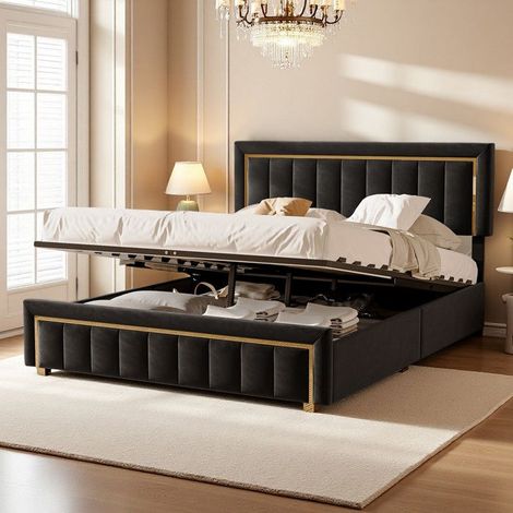 Cama Doble 140x200 - Cofre Hidráulico - Cabecera de Terciopelo Negro - Bordes Dorados - Diseño Moderno