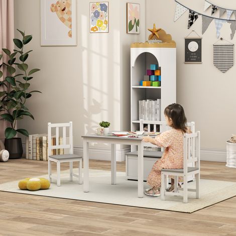 Ensemble 4 pièces enfant - mobilier jeu et rangement - bois polyvalent - chambre enfant - table 2 chaises coffre - blanc gris