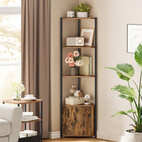 Étagère d’Angle, avec Placard, Meuble d’Angle à 5 Niveaux, Étagère de Rangement, pour Salon, Chambre, Cuisine, Salle de Bain, Marron Rustique et Noir d'encre (1/5)