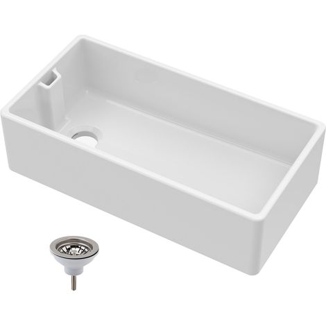 1 Bowl Fireclay Ceramic Belfast Kitchen Sink & Basket Strainer Waste, 895mm (1/5)