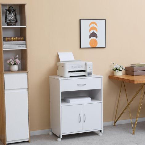 Armario para Impresora con Ruedas Cajón 2 Puertas y Estante para Salón Oficina Estudio 60x39x80 cm Blanco (1/5)