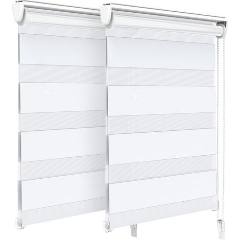 VOUNOT Set of 2 Zebra Roller Blind Double Fabric, Day and Night Translucent or Blackout Vision Curtains, White, 55 x 150 cm