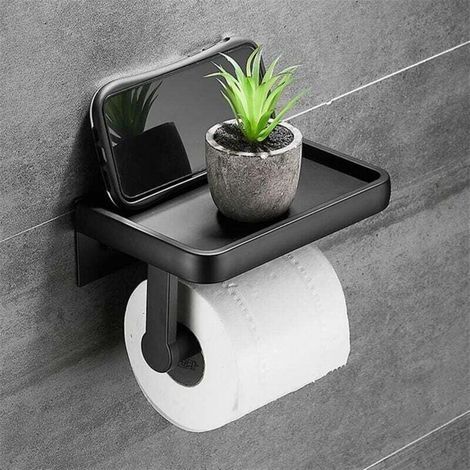 Badezimmer-Aufbewahrungsregal, schwarz-goldener Toilettenpapierhalter, Handtuchhalter mit Handyhalterung (1/4)
