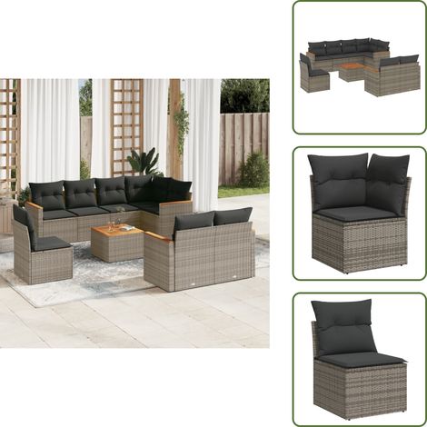 The Living Store Salon de jardin 9 pcs avec coussins gris résine tressée - Ensemble Salon De Jardin - Mobilier Extérieur - Canapé Jardin - Table Jardin - Chaise Lounge