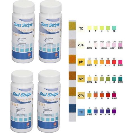 200 pH-Teststreifen für Aquarienwasser, Poolwasser, Chlor-, Alkalinitäts-, Brom- und Härtebestimmung (3-in-1)